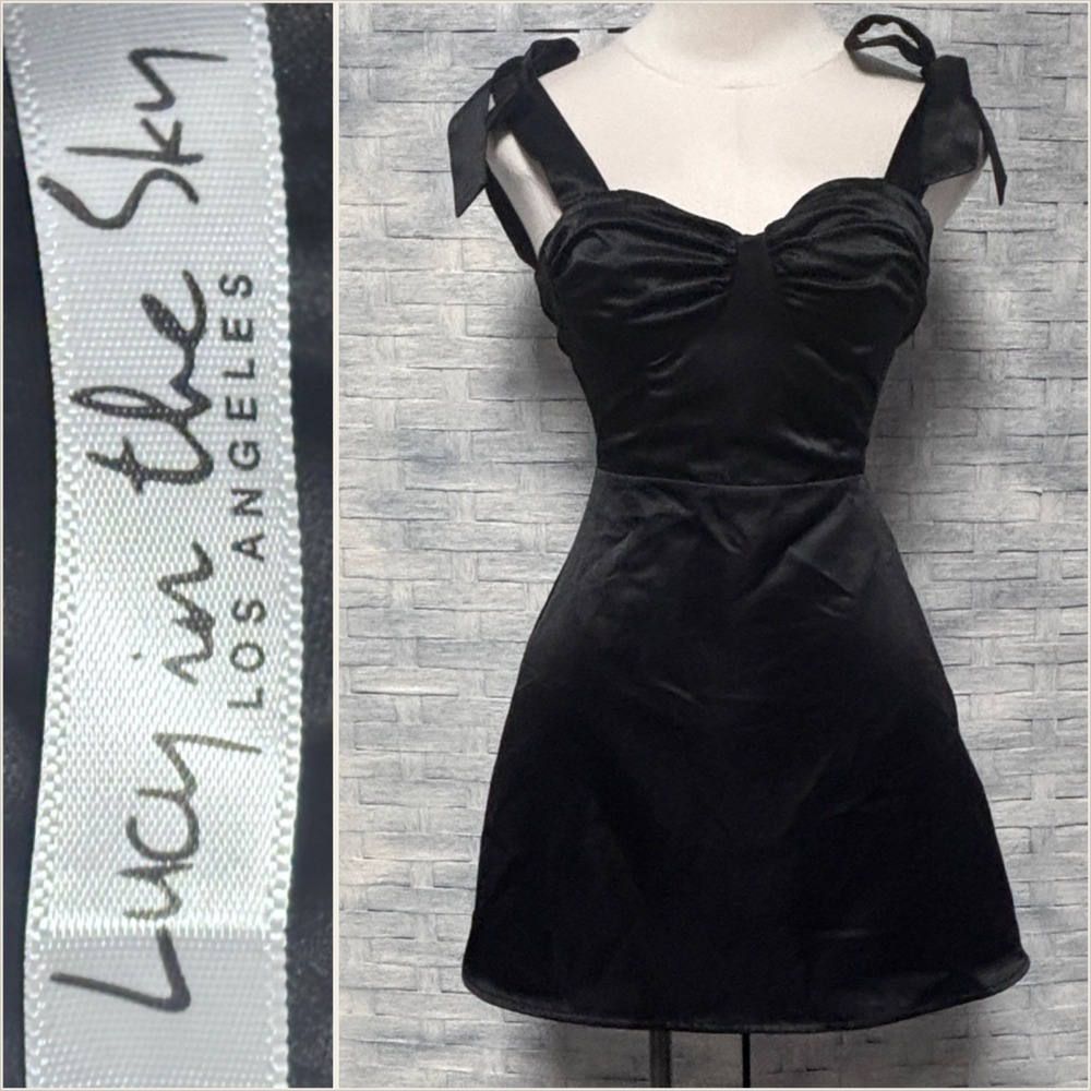 Lucy in the Sky XS Black‎ Satin Tie Strap Sweetheart Mini Dress XS Ruched Bust